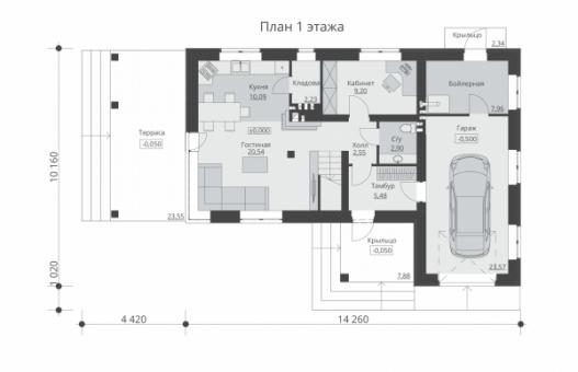 Проект двухэтажного жилого дома с гаражом и террасами